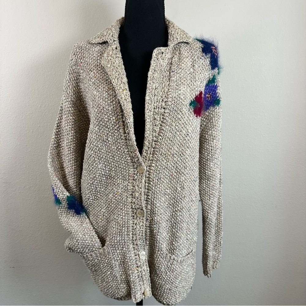 Vintage Wool Blend Beige Cardigan Sweater Small USA Oversized Floral Cottagecore